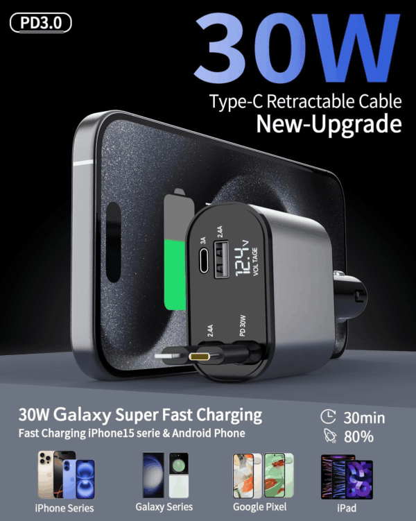 Retractable Car Charger Adapter,4 in 1 Fast Charging Car Phone Charger,69W USB C Car Truck Accessories,Road Trip Essentials Gift for Men Women for Iphone 16/15/14/13/12/11,Galaxy,Pixel - Image 4