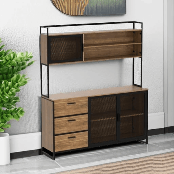 Modern Wood Sideboard Buffet Storage Cabinet with Hutch, 3 Metal Mesh Doors, 3 Drawers & Shelves, Kitchen Pantry Cupboard Console Table for Living Room, Dining Room, Brown - Image 6
