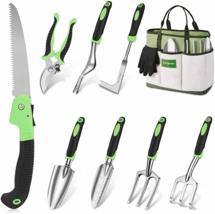 Garden Tool Set 10 Piece, Heavy Duty and Lightweight Aluminium Alloy Tools with Ergonomic Handle, Sturdy Storage Tote Bag, Gardening Hand Tools, Gardening Gift for Women and Men Green