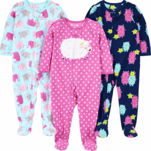 Toddlers and Baby Girls' Loose-Fit Flame Resistant Fleece Footed Pajamas, Pack of 3
