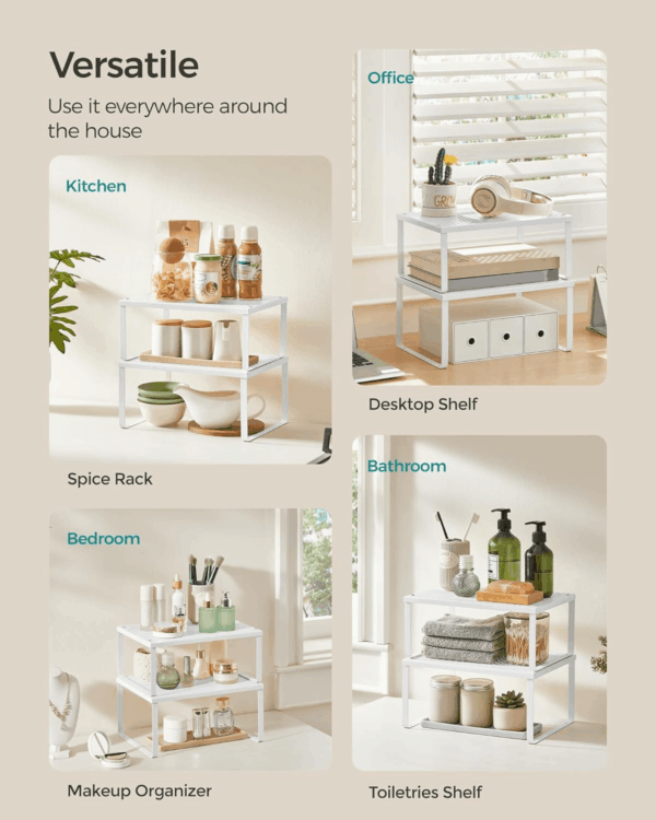 Spice Racks, Cabinet Shelf Organizers, Shelf Organizers, Countertop Organizers, Shelf Risers, Stackable, Expandable, Set of 2 Metal Kitchen Counter Shelves, White UKCS01WT - Image 6