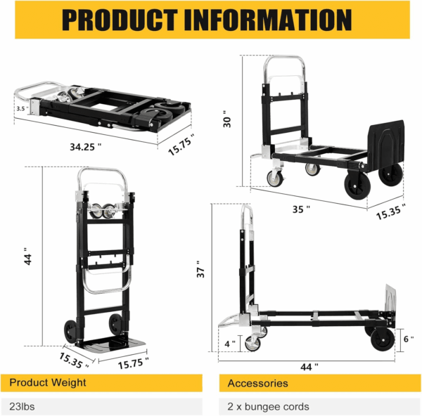 2025 New Upgrade Hand Truck Dolly Heavy Duty 660Lbs Capacity,3 in 1 Folding Hand Truck with Telescoping Handles and Rubber Wheels,Portable Dolly Cart with Brakes and Bungee Cords for Moving - Image 2