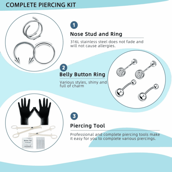 153Pcs Piercing Kit: 12G, 14G, 16G, 20G Needles & 316L Stainless Steel Jewelry for Nose, Belly, Lip, Ear & More - Image 5