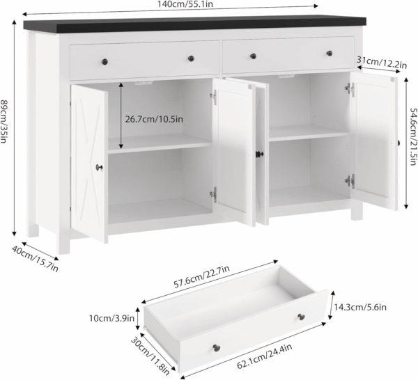 Sideboard Buffet with Storage, 55" Large Kitchen Cabinet with 2 Drawers and 4 Doors, Wood Coffee Bar Cabinet Buffet Table for Kitchen Dining Room, White and Black - Image 3
