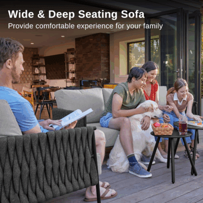 Life Chatter Patio Furniture Set 5 Pieces, Outdoor Furniture 5-Seat Sofa with Two round Coffee Table, Waterproof Thick Cushion Deep Seating for Porch, Balcony, Earth Black & Misty Grey - Image 3