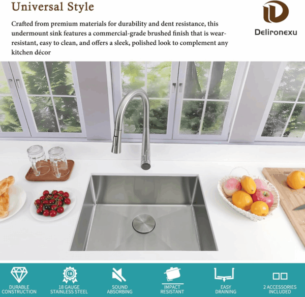 23 Inch Undermount Kitchen Sink -  18 Gauge Stainless Steel Kitchen Sink, 23"X18" Single Bowl Kitchen Sinks with Brushed Finish, Ideal for Bar Sinks, and RV Sink - Image 2