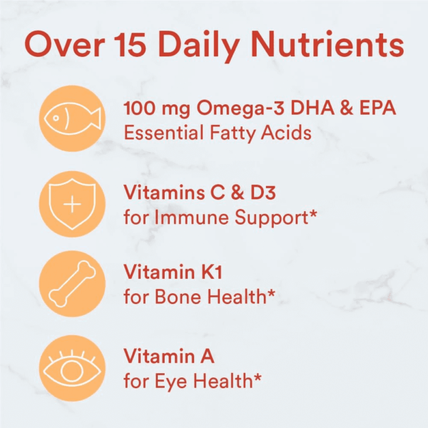 Kids Multivitamin Gummies: Omega 3 Fish Oil (EPA/DHA), Vitamin D3, C, Vitamin B12, B6, A, K & Zinc for Immune Support, Biotin, Gluten Free, Three Fruit Flavors, 120 Count (30 Day Supply) - Image 6