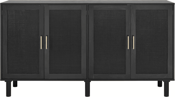 4 Door Sideboard Buffet Cabinet, Kitchen Storage Cabinet with Black Painted Rattan Decorated Doors, Cupboard Console Table, Boho Accent Liquor Cabinet, 62.3X 15.7X 34.6 Inches, Full Black - Image 6