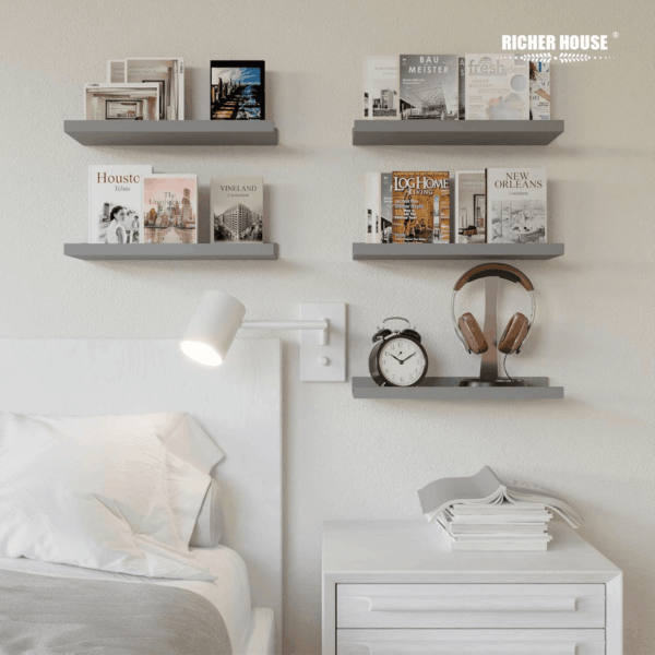 Mounted Shelves for Wall Decor, Modern Picture Ledge Shelf with Lip for Wall Storage Nursery, Bedroom, Living Room, Bathroom - Grey - Image 2