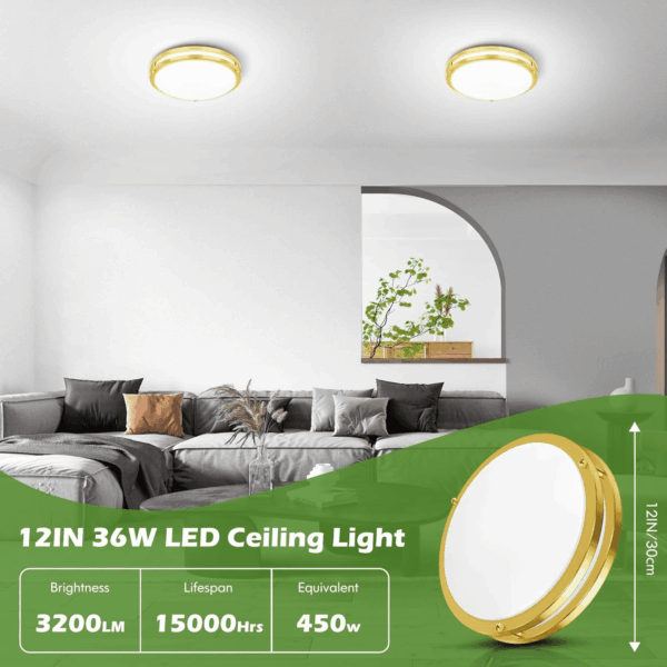 2-Pack Gold Flush Mount LED Ceiling Light Fixture, 12IN 2700K/3000K/3500K/4000K/5000K Adjustable Ceiling Lights, 3600Lm Super Bright Dimmable Lighting for Bedroom Hallway Kitchen - Image 3
