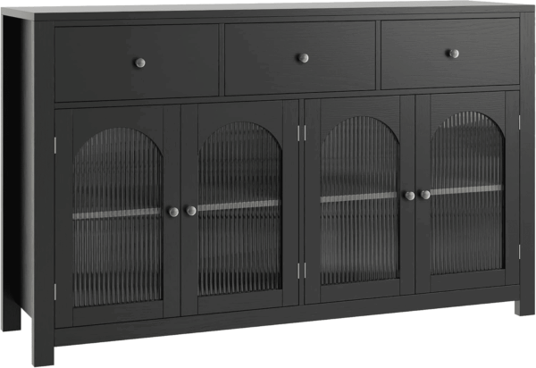 Buffet Cabinet with Storage, 55.1" Large Sideboard Buffet Farmhouse Kitchen Cabinet with 3 Drawers and 4 Doors, Wood Coffee Bar for Kitchen, Black - Image 8