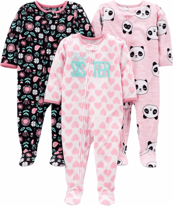 Toddlers and Baby Girls' Loose-Fit Flame Resistant Fleece Footed Pajamas, Pack of 3