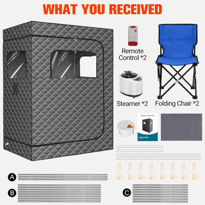 2 Person Sauna for Home, 1 or 2 Person Portable Steam Sauna with 2 1000W Sauna Steamers, 2 Floding Chairs, 9 Levels Adjustable, 99 Minutes Timer, Steamer Included (Grey) - Image 7