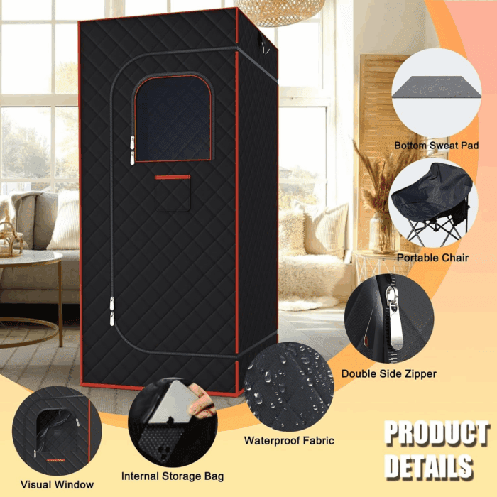 Portable Sauna for Home, Sauna Box Sauna Tent with 3L Steamer, Remote Control, Folding Chair and Foot Pad, Full Size Personal Steam Sauna for Home Spa, 15 Levels, Orange - Image 5