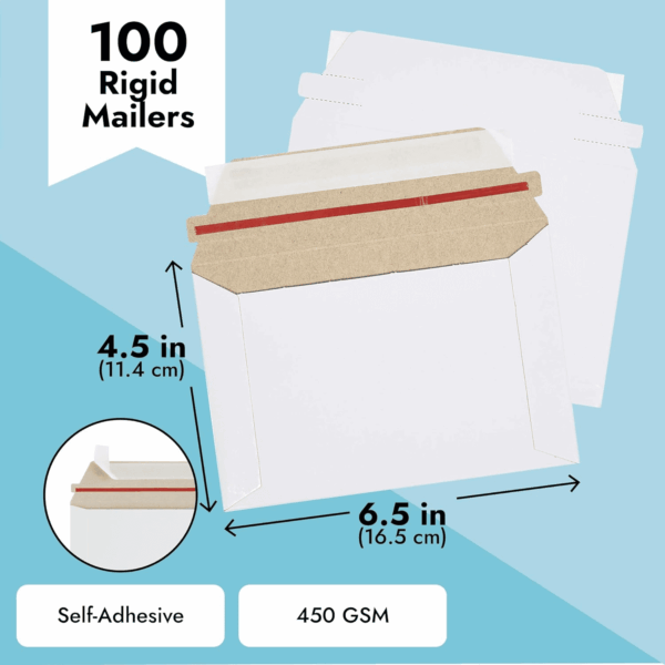 100 Pack 6.5 X 4.5 Rigid Mailers with Self Sealing Flap, Bulk Stay Flat Cardboard Envelopes for Shipping Postcards, Photos (White) - Image 4