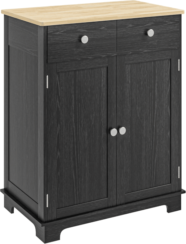 Sideboard with Solid Wood Countertop, Modern Kitchen Storage Cabinet, Coffee Bar Cabinet with 2 Drawers, Doors and Adjustable Shelf, Distressed Black