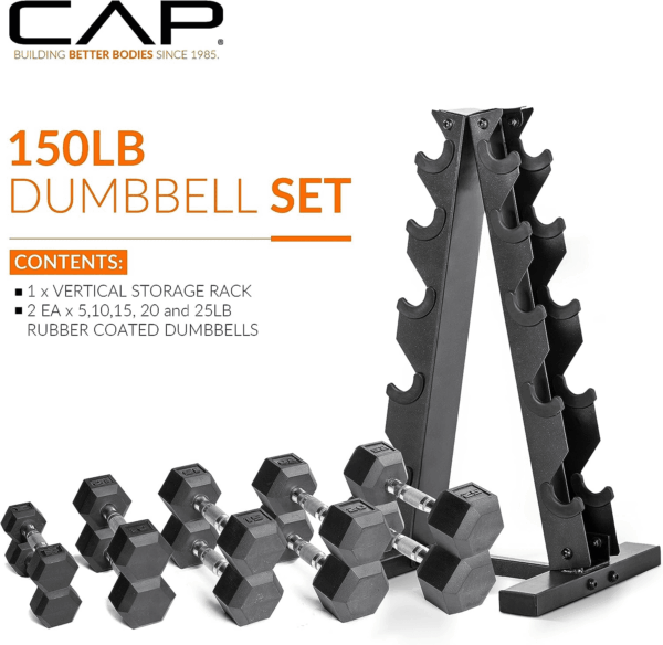 150 LB Coated Hex Dumbbell Weight Set with Vertical Rack | Multiple Options - Image 2