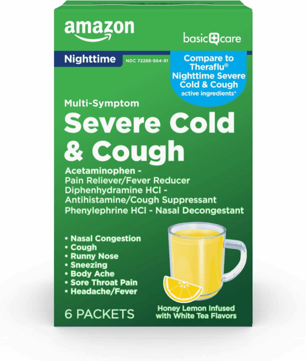 Nighttime Severe Cold, Flu and Cough Suppressant Medicine Powder, Pain Reliever/Fever Reducer, Nasal Decongestant, Antihistamine, Honey Lemon Infused with White Tea Flavors, 6 Count