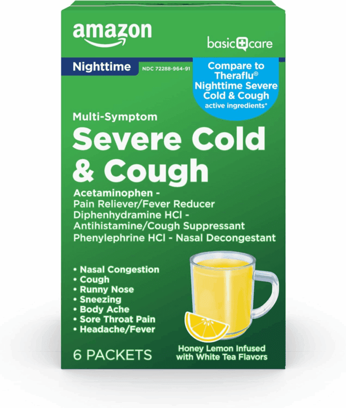 Nighttime Severe Cold, Flu and Cough Suppressant Medicine Powder, Pain Reliever/Fever Reducer, Nasal Decongestant, Antihistamine, Honey Lemon Infused with White Tea Flavors, 6 Count