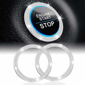 2 PCS Crystal Double Rhinestone Car Engine Start Stop Decoration Ring, Bling Car Interior Accessories for Women, Push to Start Button Cover/Sticker, Key Ignition & Knob Bling Ring, White