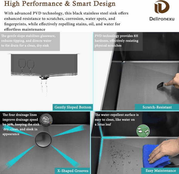 30 Inch Black Undermount Kitchen Sink -  Single Bowl Kitchen Sinks, 16 Gauge Stainless Steel Kitchen Sink Black with 4 Accessories, 30"X18"X9", Modern Design - Image 5