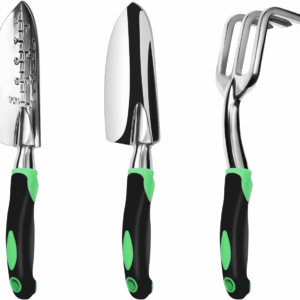 Garden Tool Set, 3 Pack Aluminum Heavy Duty Gardening Kit Includes Hand Trowel, Transplant Trowel and Cultivator Hand Rake with Soft Rubberized Non-Slip Ergonomic Handle, Garden Gifts