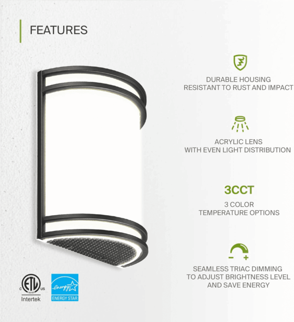 LED Indoor Wall Mount Light Fixture - 10 Inch Modern Interior Matte Black Wall Sconce Lighting - 3000K 4000K 5000K Adjustable - Half Cylinder Hallway Light Fixture - ETL & Energy Star - Image 3