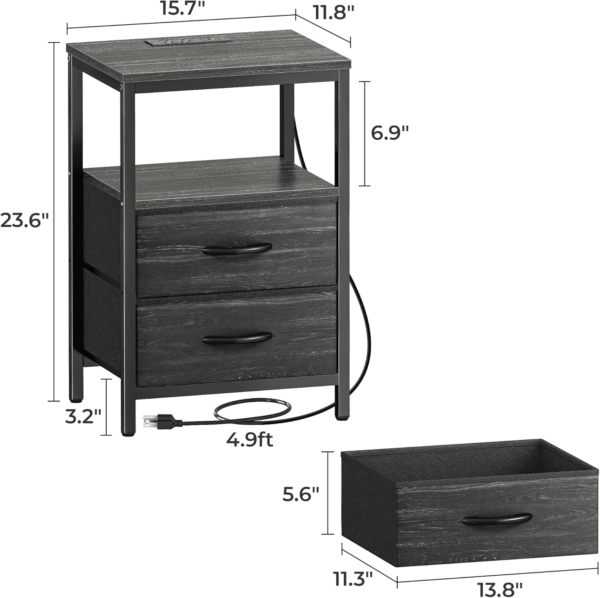 Nightstand with Charging Station, Fabric Drawers, End Table with Open Shelf, Bedside Table with USB Ports and Outlets, Night Stand for Bedroom, Charcoal Black Wood Grain Print - Image 6