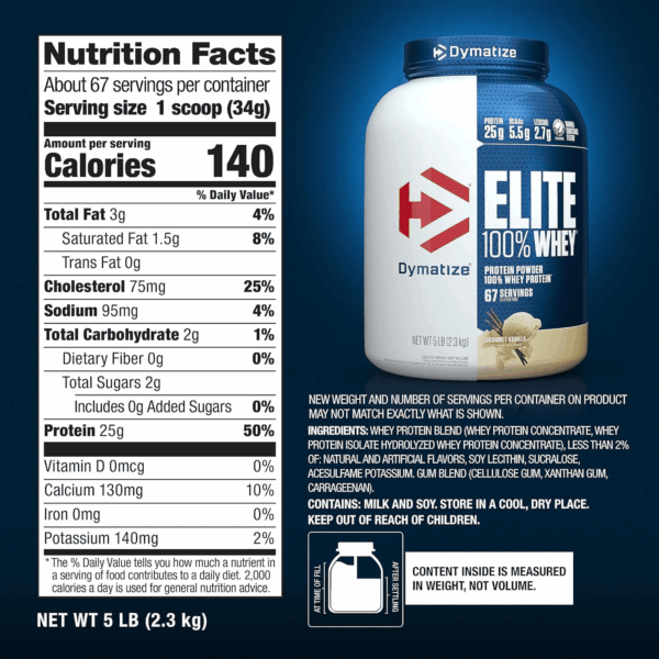 Elite 100% Whey Protein Powder, Vanilla, 25G of Protein, 67 Servings, 5.5G Bcaas, Less than 140 Cal., Gluten Free, 2G Carb, 2G Sugar, 3G Fat - Image 6