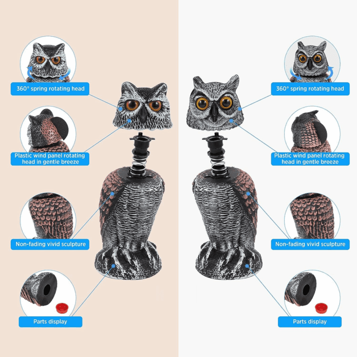 2 Pack Fake Owl Decoys to Scare Birds Away, Rotating Head Bird Deterrents, Nature Enemy Scarecrow Plastic Statues, Pest Repellent for Gardens and Patios - Image 4