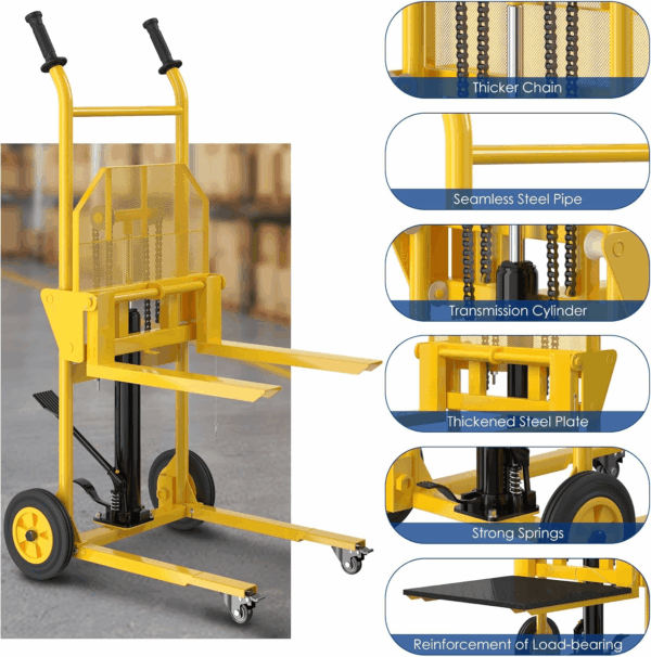 Hydraulic Material Lift with Upgraded Baffle Pallet Lift 550 Lbs 37.4” Max Lift with Front Universal Wheels and 9" Polyurethane Wheels, 18.5" Fork Length, Lift Dolly, Hand Forklift, Steel Platform X 1 - Image 5