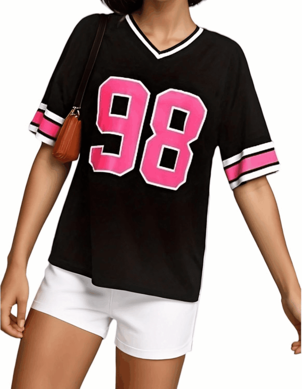American Jersey for Women Oversized Graphic Stripe Trim V Neck Drop Shoulder Summer Tshirts - Image 4