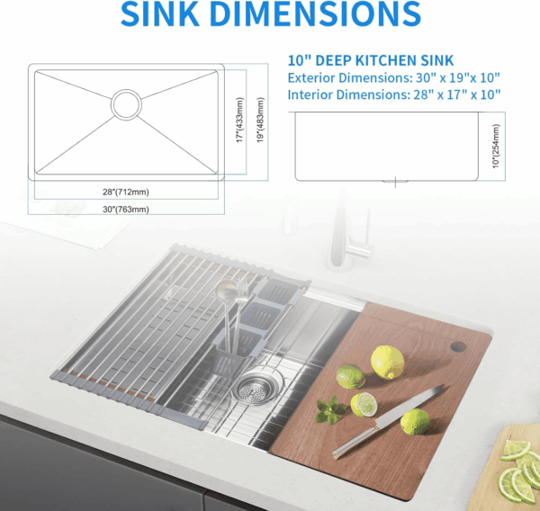 30 Inch Undermount Kitchen Sink Superior Drain Kitchen Sinks 11 Gauge (3Mm) Stainless Steel, Single Bowl Integrated Ledge Multifunctional Workstation Set - - Image 7