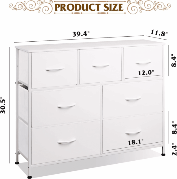 7 Drawer Dresser TV Stand, Dressers for Bedroom, Fabric Storage Tower, Hallway, Entryway, Closets, Sturdy Steel Frame, Wood Top, Easy Pull Handle, White - Image 3