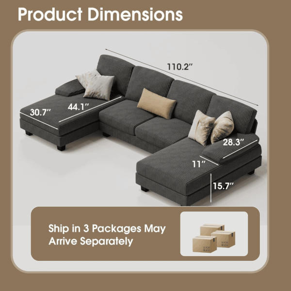 Sectional Couches for Living Room, U-Shaped Sofa Couch with Linen Fabric, 4 Seat Sofa Set with Double Chaise for Apartment (Corduroy, Dark Grey) - Image 2