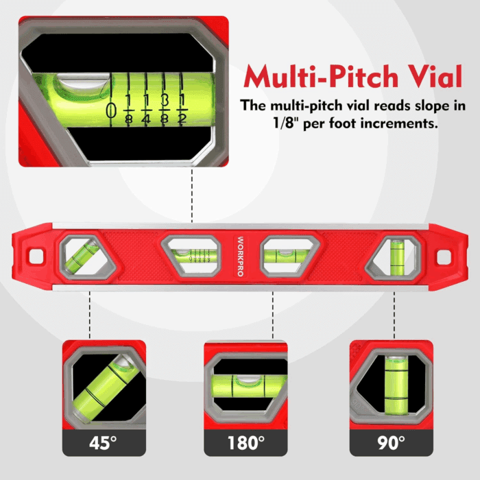 12 Inch Torpedo Level, Magnetic Small Leveler Tool, Plumbing Level with Pitch Vial, Aluminum Reinforced, 4 Bubbles, V-Groove for Conduit Bending - Image 2
