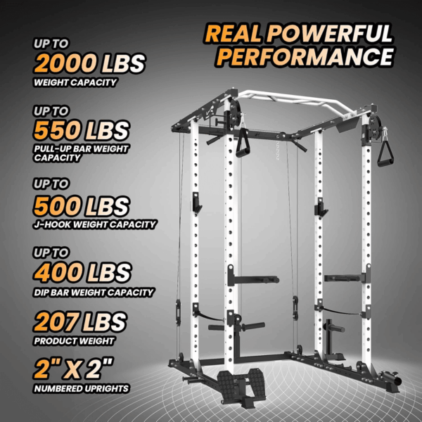 Power Cage, 2000 LBS Power Rack with Cable Cross-Over System, Multi-Functional Strength Training Squat Rack with LAT Pull down System, Home Gym Equipment with Training Attachment, White - Image 7
