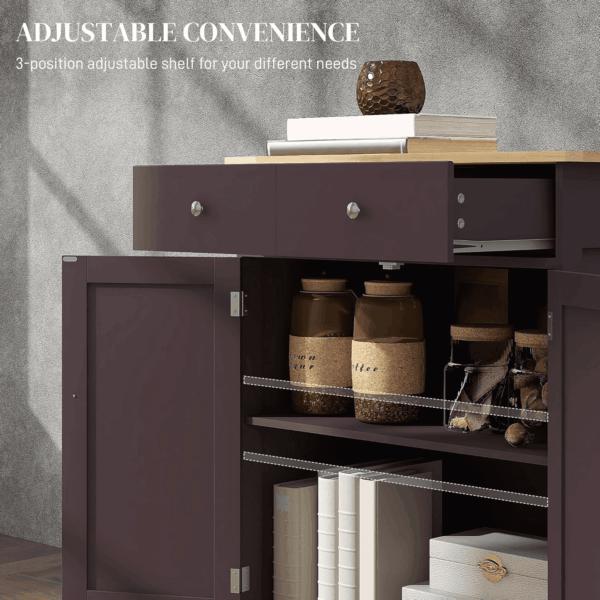 Sideboard with Solid Wood Countertop, Modern Kitchen Storage Cabinet, Coffee Bar Cabinet with 2 Drawers, Doors and Adjustable Shelf, Coffee - Image 6