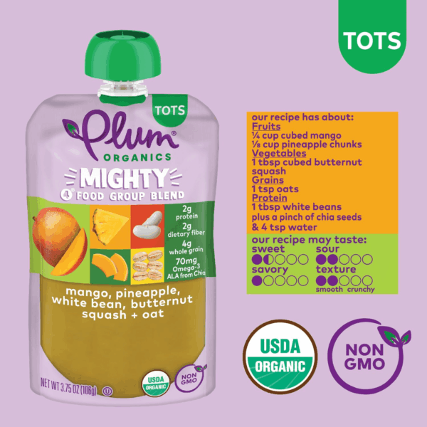 Mighty 4 Organic Toddler Food - Mango, Pineapple, White Bean, Butternut Squash, and Oat - 3.75 Oz Pouch (Pack of 12) - Organic Fruit and Vegetable Toddler Food Pouch - Image 3