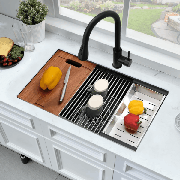 33 Inch Black Undermount Kitchen Sink Workstation- 33X19 Stainless Steel Kitchen Sink Undermount 16 Gauge Deep Single Bowl Black Sinks with Cutting Board - Image 2