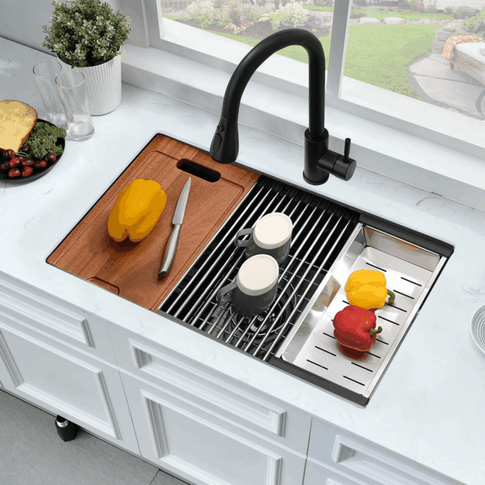 33 Inch Black Undermount Kitchen Sink Workstation- 33X19 Stainless Steel Kitchen Sink Undermount 16 Gauge Deep Single Bowl Black Sinks with Cutting Board - Image 2
