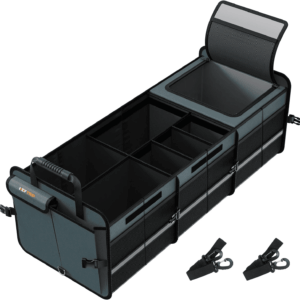 Large Trunk Organizer with Built-In Leakproof Cooler Bag, 2 Tie-Down Straps, 4 Removable Dividers, Foldable Cover, Built with 2Mm PE Board, Gray