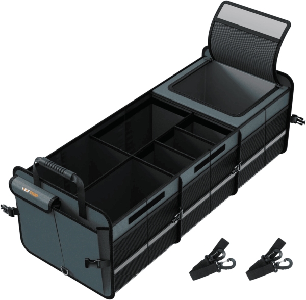 Large Trunk Organizer with Built-In Leakproof Cooler Bag, 2 Tie-Down Straps, 4 Removable Dividers, Foldable Cover, Built with 2Mm PE Board, Gray
