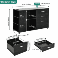 File Cabinet with Charging Station, Mobile Lateral Filing Cabinet with Lock for Home Office, Printer Stand with Open Storage Shelf, Fits A4, Letter, Legal Size Files, Office Furniture, Black - Image 3