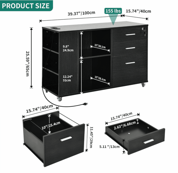 File Cabinet with Charging Station, Mobile Lateral Filing Cabinet with Lock for Home Office, Printer Stand with Open Storage Shelf, Fits A4, Letter, Legal Size Files, Office Furniture, Black - Image 3