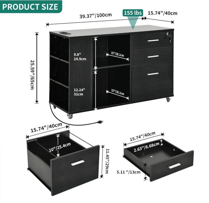 File Cabinet with Charging Station, Mobile Lateral Filing Cabinet with Lock for Home Office, Printer Stand with Open Storage Shelf, Fits A4, Letter, Legal Size Files, Office Furniture, Black - Image 3