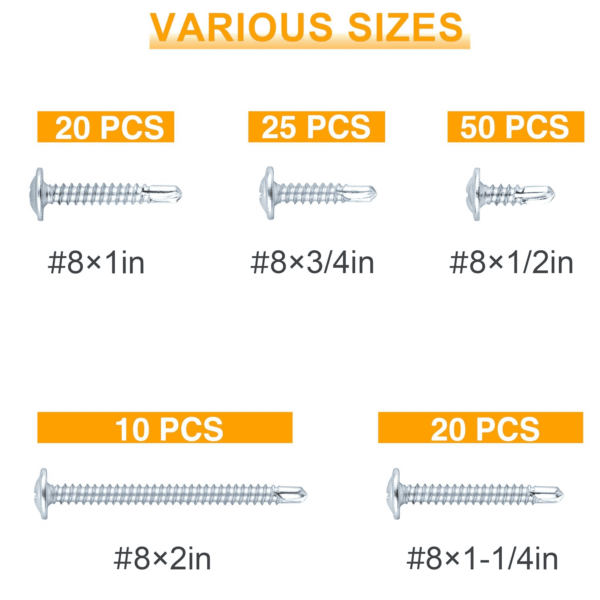 Self Tapping Screws Assortment Kit, #8 Sheet Metal Screws for Metal Wood & Plastic, 125Pcs Galvanized Truss Head Self Drilling Screws in 5 Sizes (1/2, 3/4, 1-1/4, 1In, 2In) - Image 6