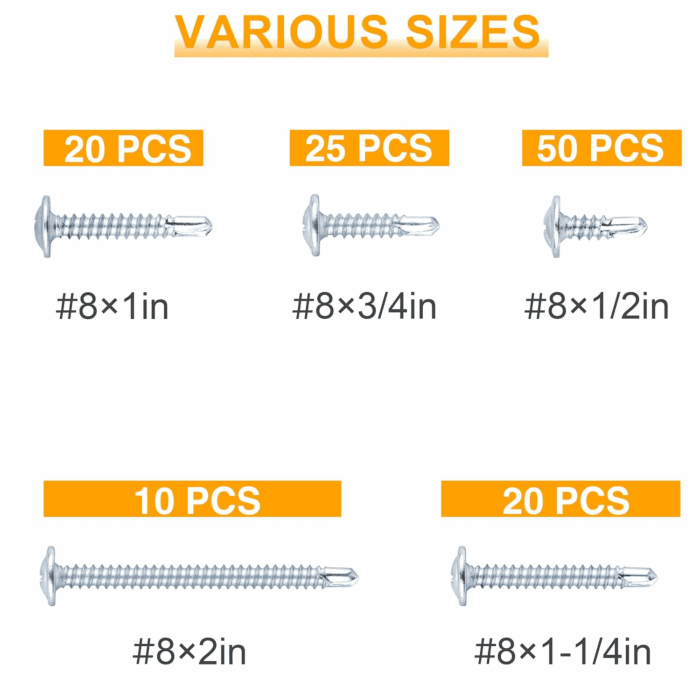 Self Tapping Screws Assortment Kit, #8 Sheet Metal Screws for Metal Wood & Plastic, 125Pcs Galvanized Truss Head Self Drilling Screws in 5 Sizes (1/2, 3/4, 1-1/4, 1In, 2In) - Image 6