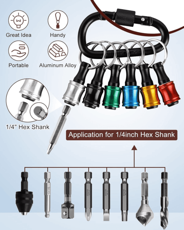 12Pc Portable Bit Holder Key Chain, 1/4 Inch Hex Shank Screwdriver Bit Clip for Impact Driver Drill Bit Extension Nut Driver W/Black Carabiner, Quick Release Lightweight Drill Screw Adapter - Image 2