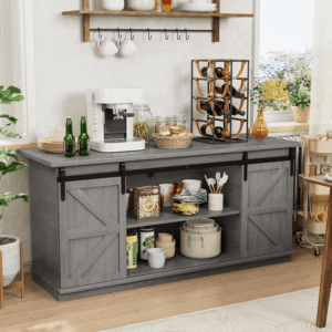 Farmhouse Sideboard Buffet Cabinet, Coffee Bar Storage with Sliding Barn Doors, Shelf for Home Dining Room, Grey